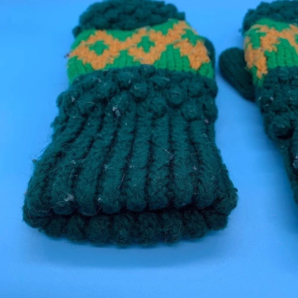 Vintage Green Knit Adult Mittens Gloves Handmade‎ Retro Winter Ski